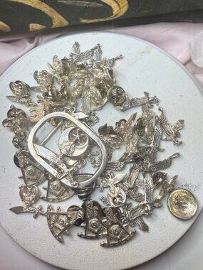 ALL STERLING 925 Masonic Shriners LOT 40+ Pins Charms Pendants + 925 Belt Buckle
